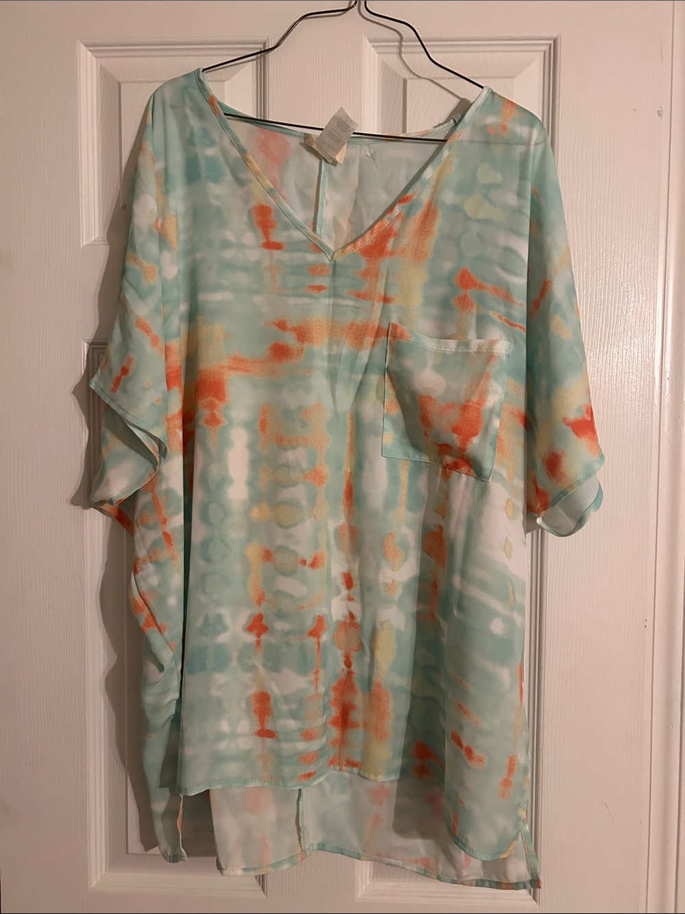 BiBi Aqua and Coral Tie-Dye V-Neck Tunic